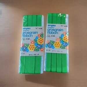 Lot 2 Vintage 1981 Wrights Carefree Grosgrain Ribbon Apple Green 3Yds Poly 3/8"